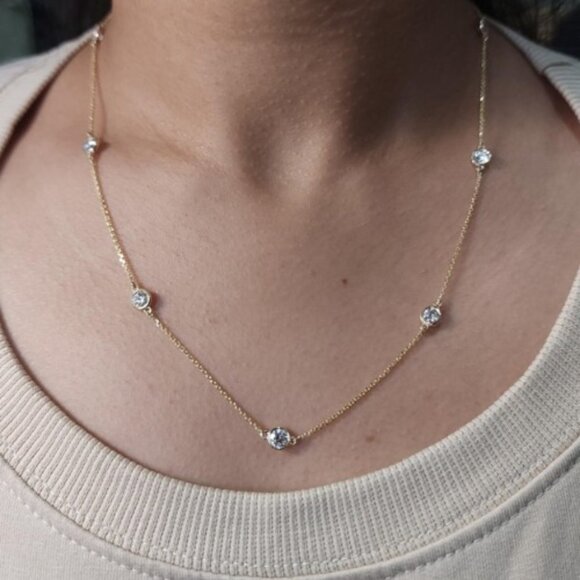 14Kt Gold 1.75 Ct 7 Stone Lab Grown Diamond By the Yard Necklace - Picture 2 of 5